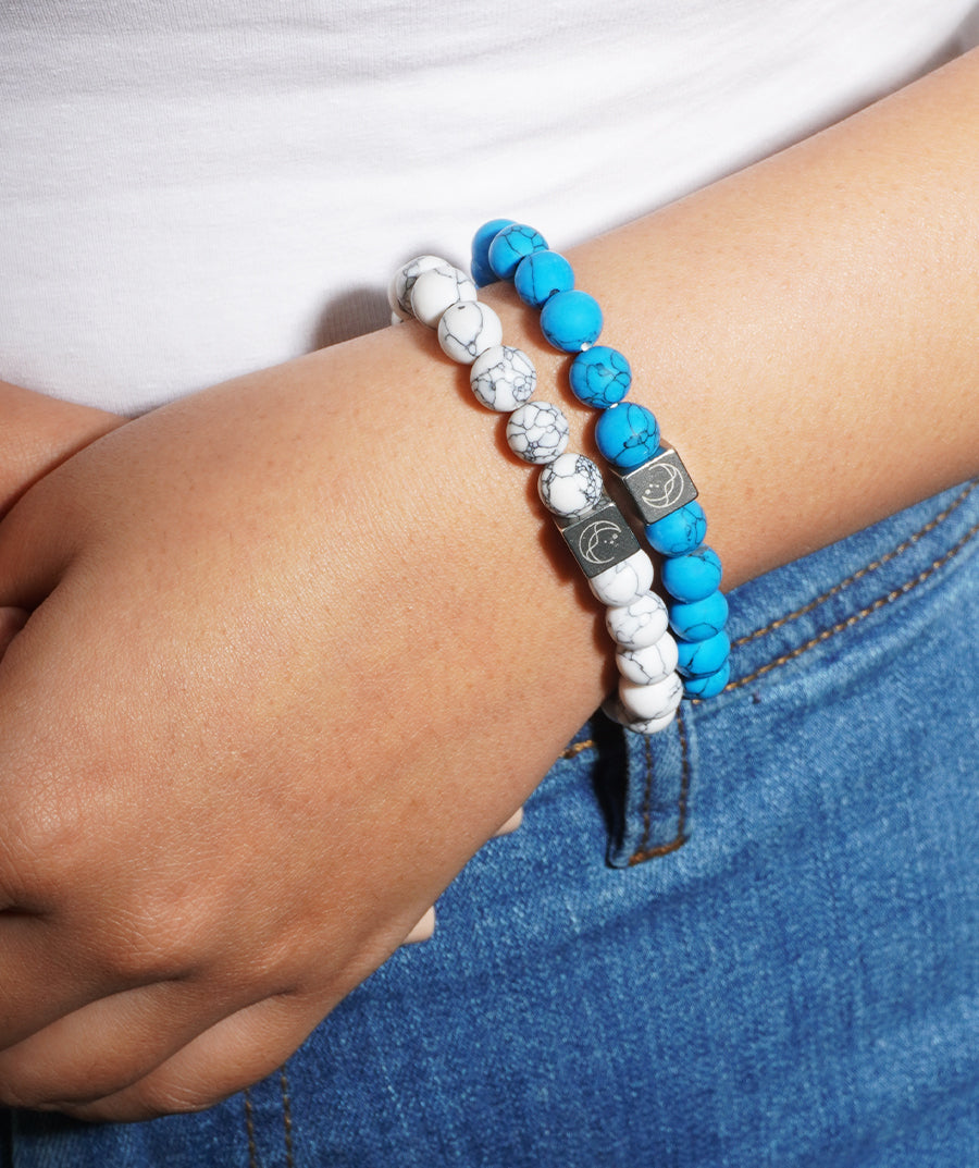 Bundle Of White + Blue Stone Beads Bracelet