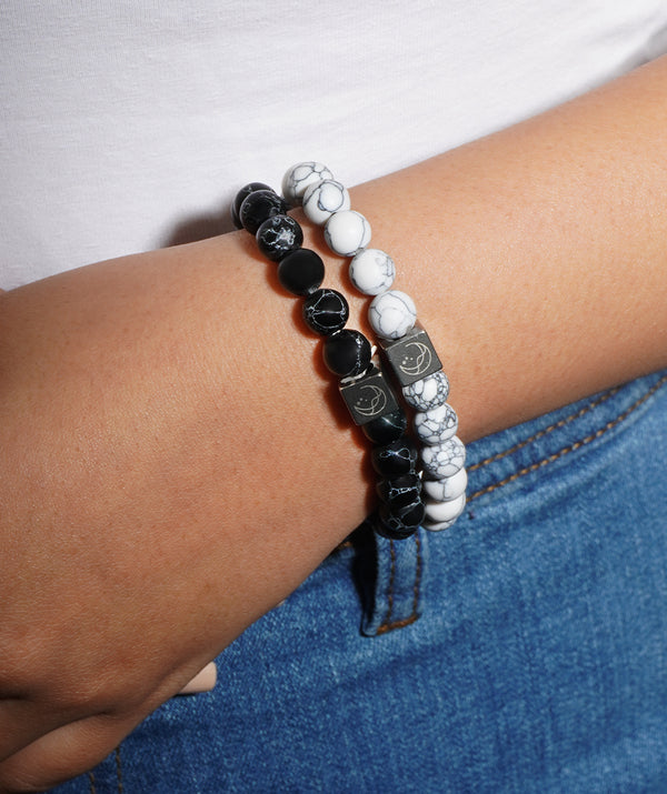 Bundle of White + Black Stone Beads Bracelet