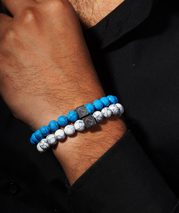 Bundle Of White + Blue Stone Beads Bracelet